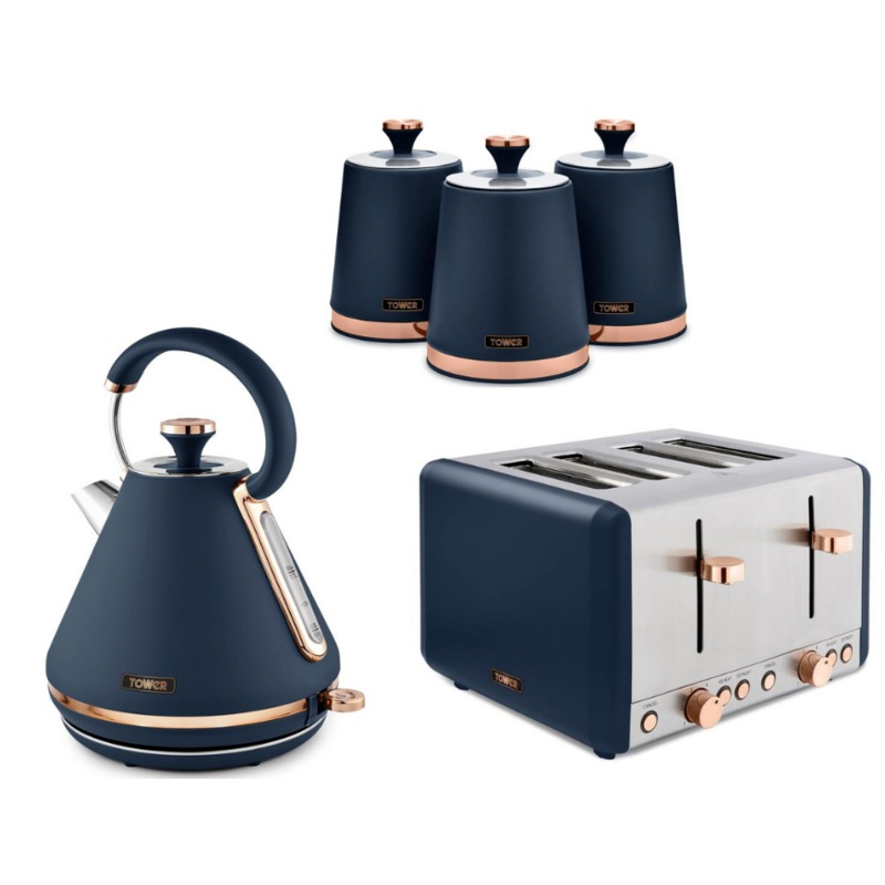 Tower Cavaletto 1.7L 3KW Pyramid Kettle, 4 Slice Toaster & Canisters Matching Set in Midnight Blue & Rose Gold