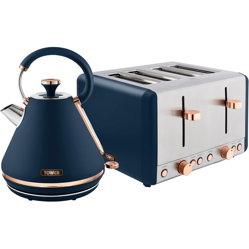 Tower Cavaletto 1.7L 3KW Pyramid Kettle & 4 Slice Toaster Matching Set in Midnight Blue & Rose Gold