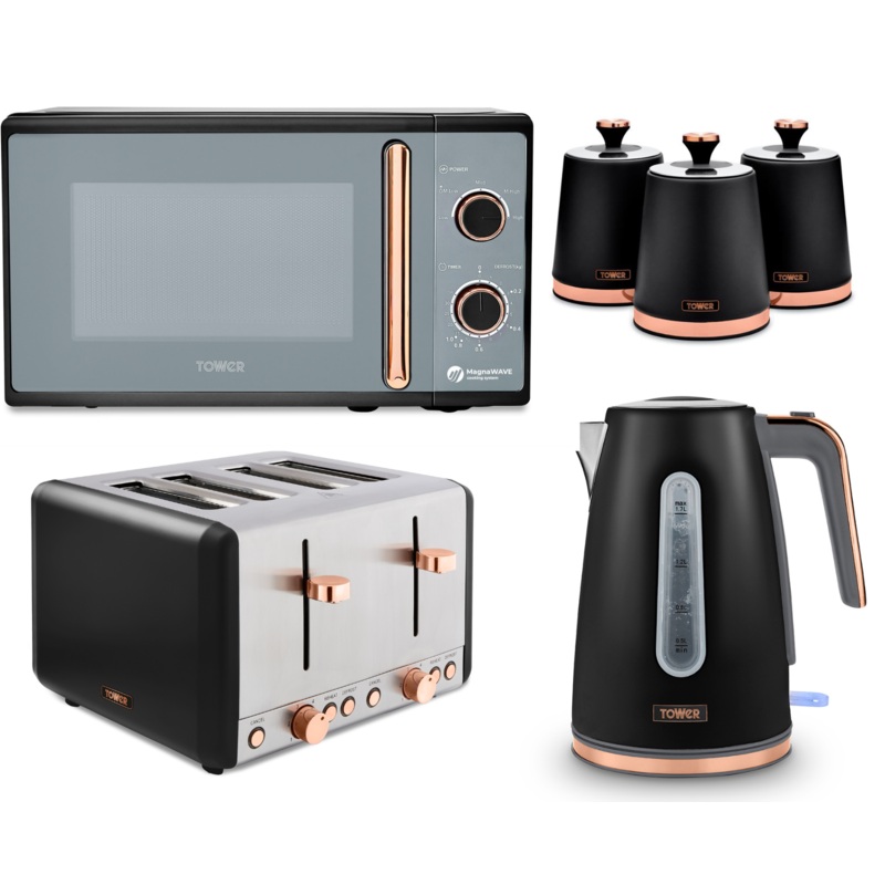 Tower Cavaletto Black Jug Kettle 4 Slice Toaster Microwave & 3 Canisters Set
