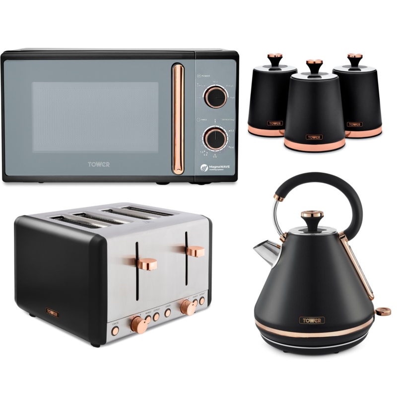 Tower Cavaletto Black & Rose Gold 1.7L 3KW Pyramid Kettle, 4 Slice Toaster, 800W 20L Microwave & Canisters Matching Set