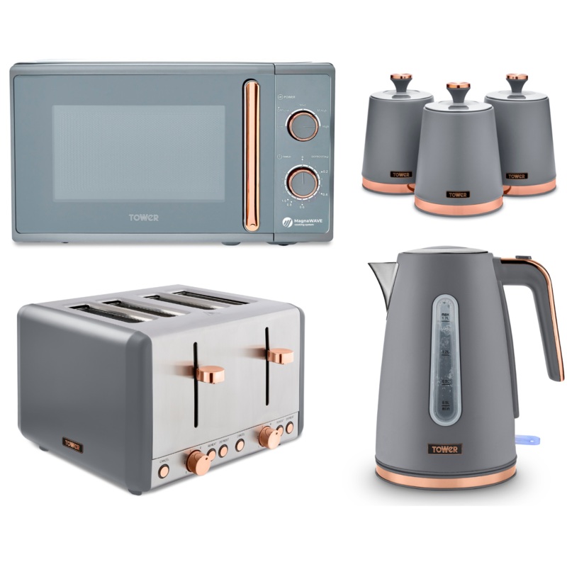 Tower Cavaletto Grey Jug Kettle 4 Slice Toaster Microwave & 3 Canisters Set