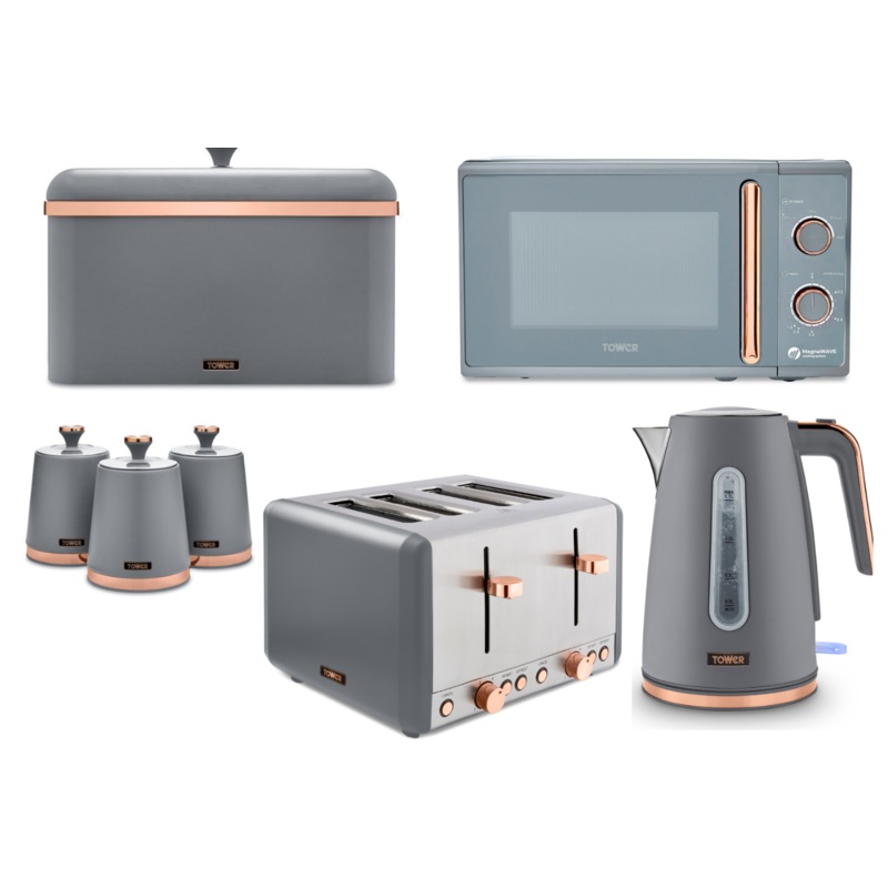 Tower Cavaletto Grey Jug Kettle 4 Slice Toaster Microwave Breadbin Canisters