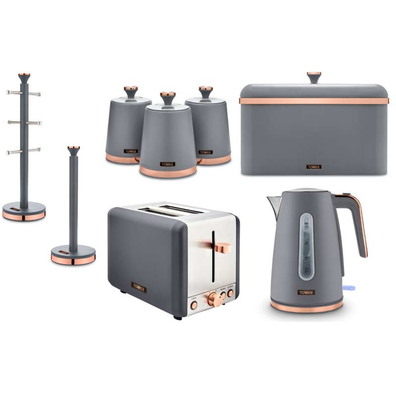 TOWER Cavaletto Grey Jug Kettle Toaster Bread Bin 3 Canisters Mug Tree & Towel Pole Matching Set