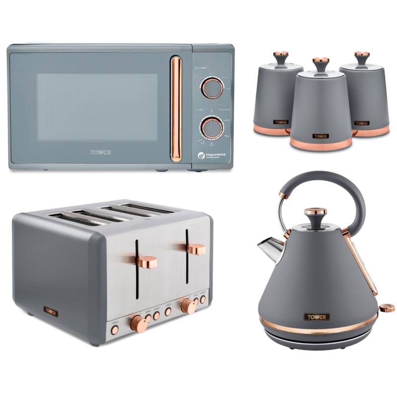 Tower Cavaletto Grey Pyramid Kettle, 4 Slice Toaster, 800W 20L Microwave & Canisters Set