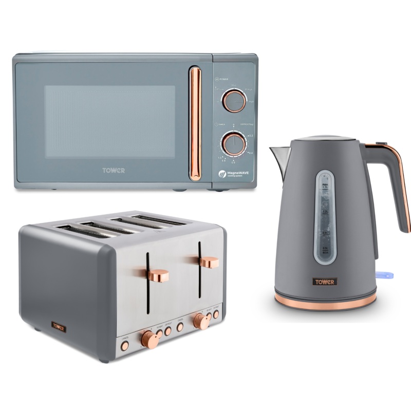 Tower Cavaletto Grey/Rose Gold Jug Kettle 4 Slice Toaster Microwave Kitchen Set