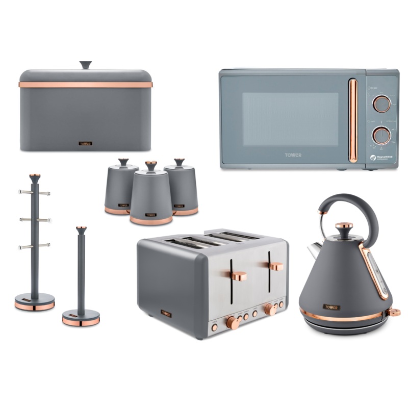 Tower Cavaletto Grey/Rose Gold Pyramid Kettle, 4 Slice Toaster, Microwave, Bread Bin, Canisters, Mug Tree and Towel Pole Matching Kitchen Set of 9