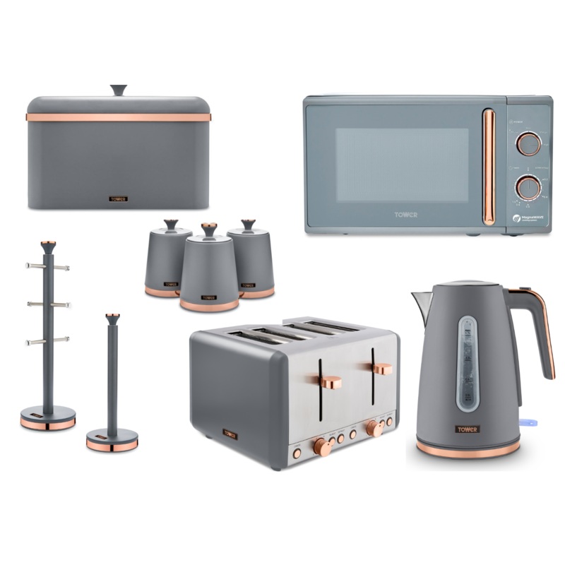 Tower Cavaletto Grey Set of 9 Jug kettle 4 Slice Toaster Microwave & Accessories