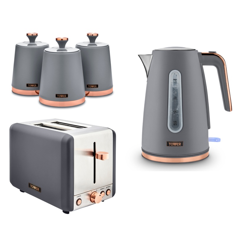Tower Cavaletto Jug Kettle 2 Slice Toaster & 3 Canisters Set in Grey & Rose Gold