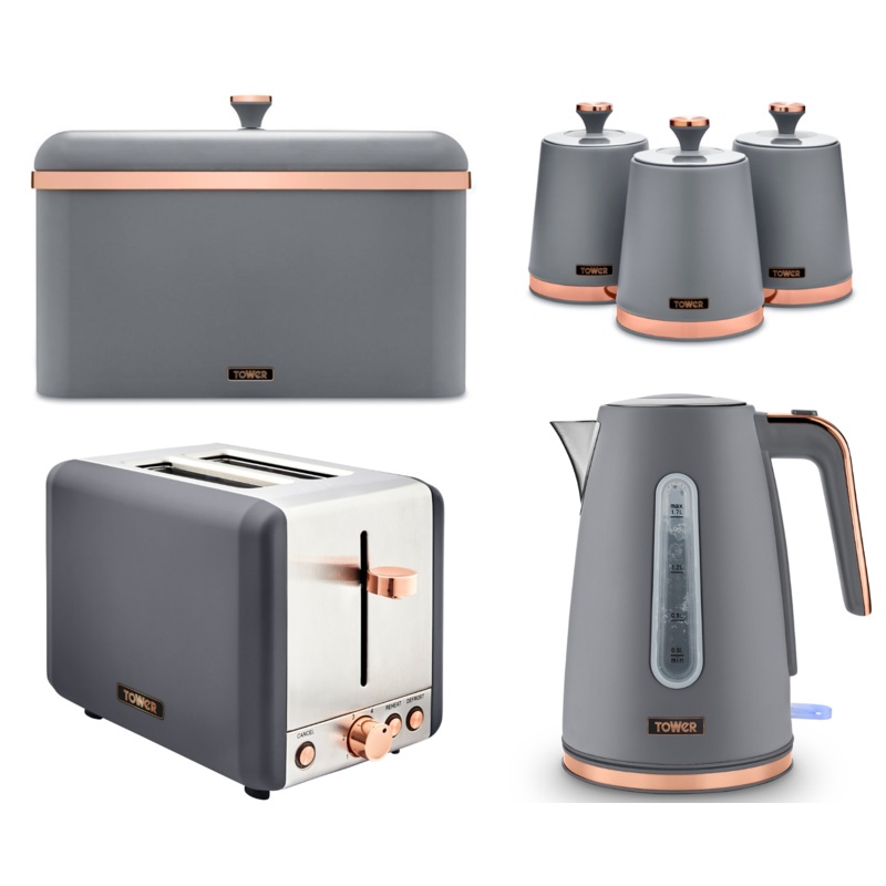 Tower Cavaletto Jug Kettle 2 Slice Toaster Bread Bin Canisters Grey & Rose Gold