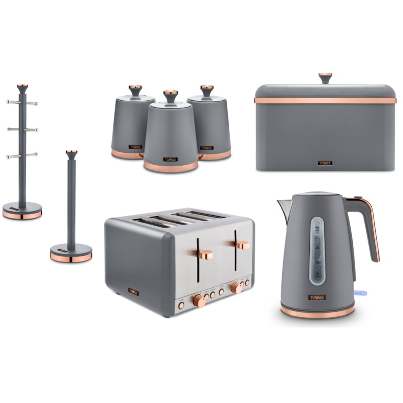 TOWER Cavaletto Kettle Toaster Bread Bin Canisters Mug Tree Towel Pole Grey & Rose Gold