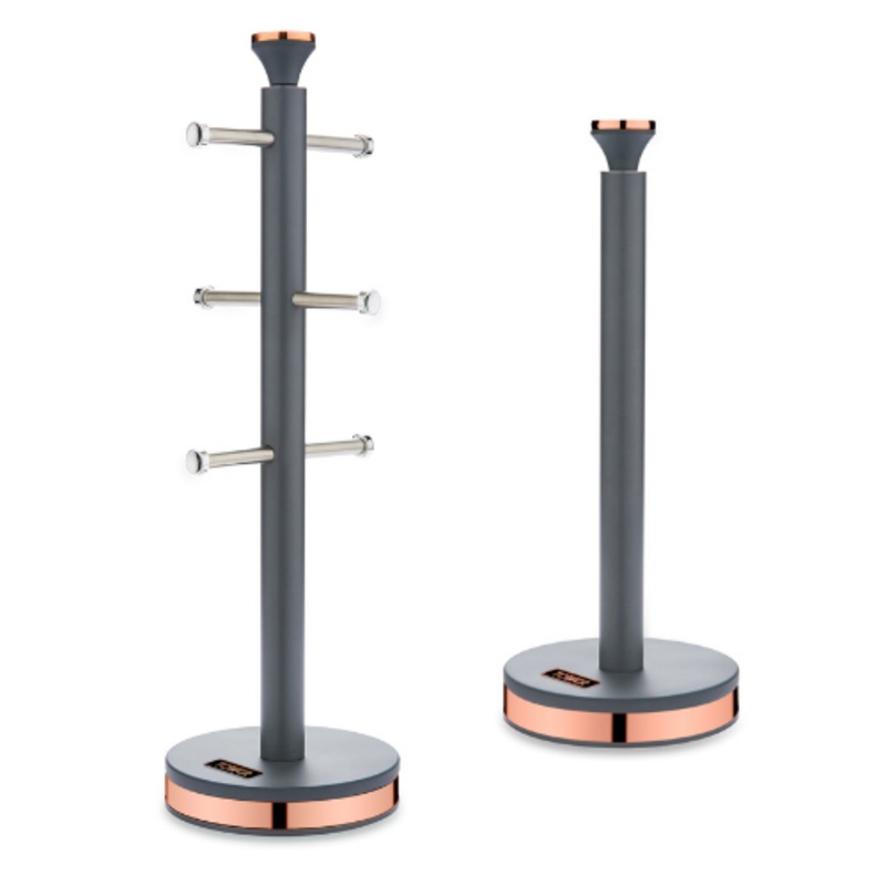 TOWER Cavaletto Mug Tree & Kitchen Roll Holder Stylish Matching Set Grey & Rose Gold