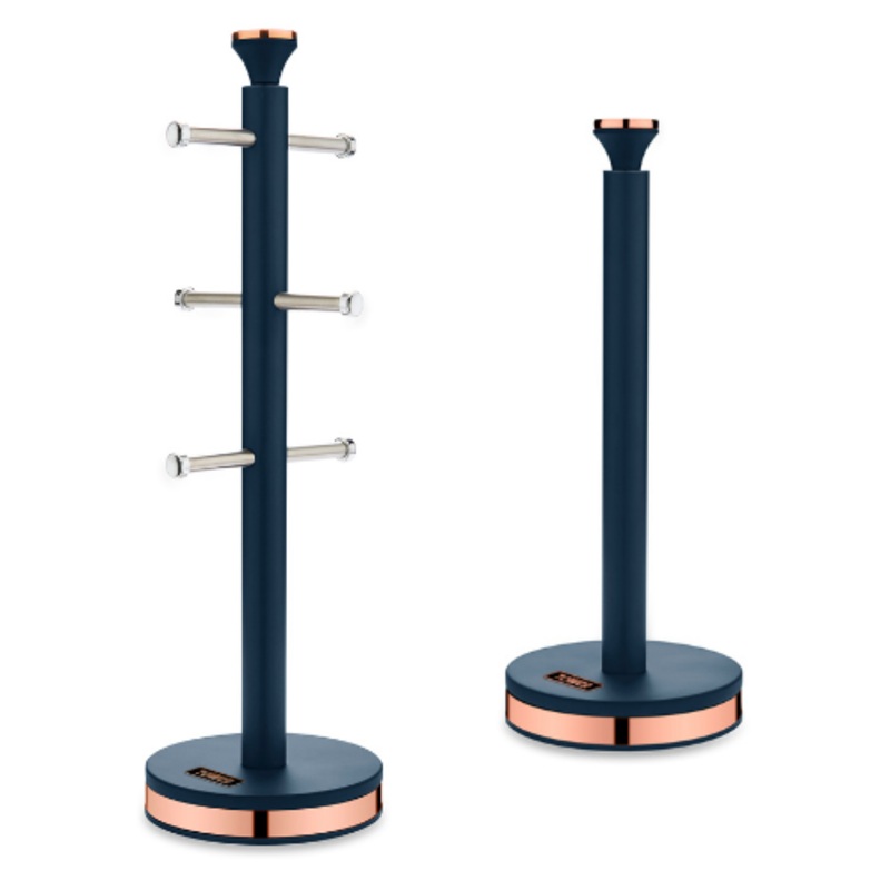 TOWER Cavaletto Mug Tree & Towel Pole Holder Kitchen Set Midnight Blue & Rose Gold