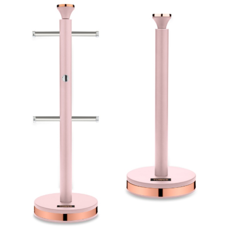 Tower Cavaletto Pink Mug Tree & Kitchen Roll Holder. Matching Kitchen Storage Set in Pink with Rose Gold Accents