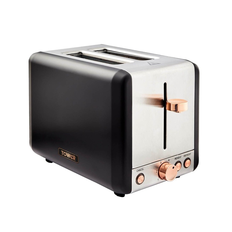 Tower Cavaletto T20036RG 2 Slice Toaster in Black & Rose Gold. 3 Year Guarantee