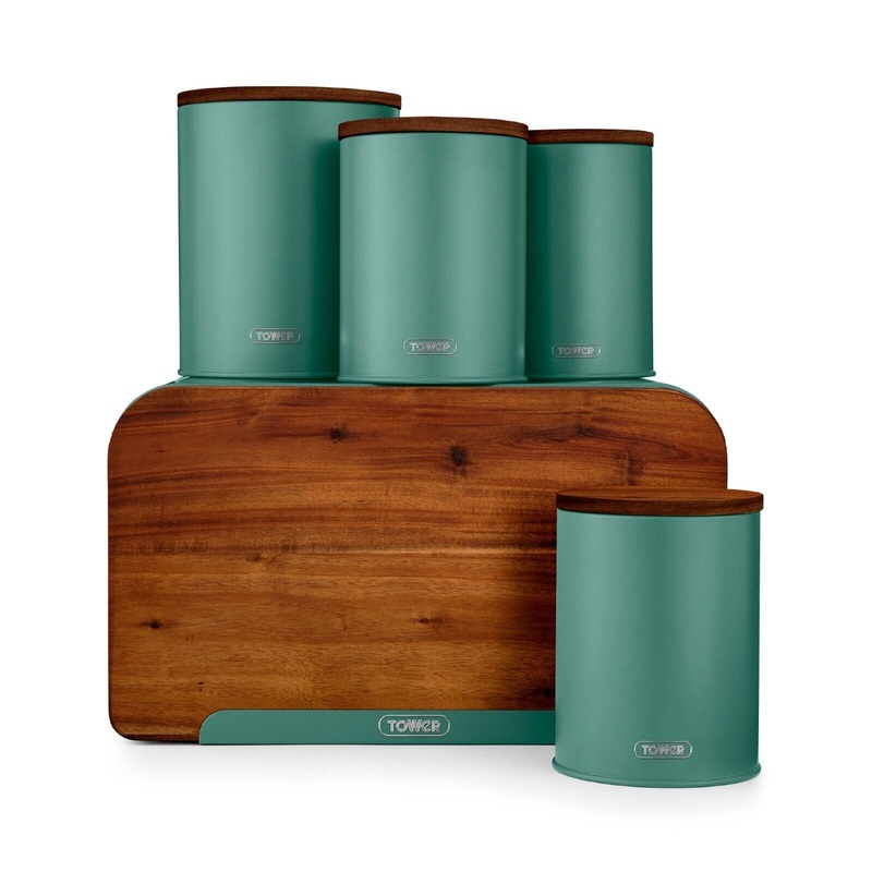 Tower Scandi Jade Kitchen Storage Set Bread Bin 3 Canisters & Biscuit Barrel