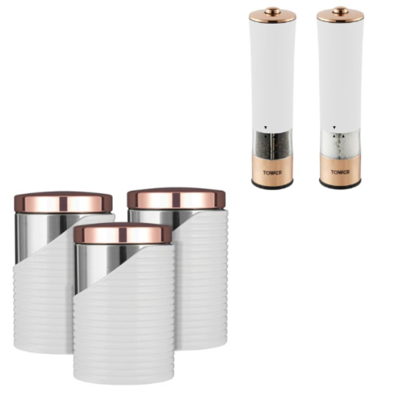 White & Rose Gold Tea, Coffee, Sugar Canisters & Electric Salt/Pepper Mills Set
