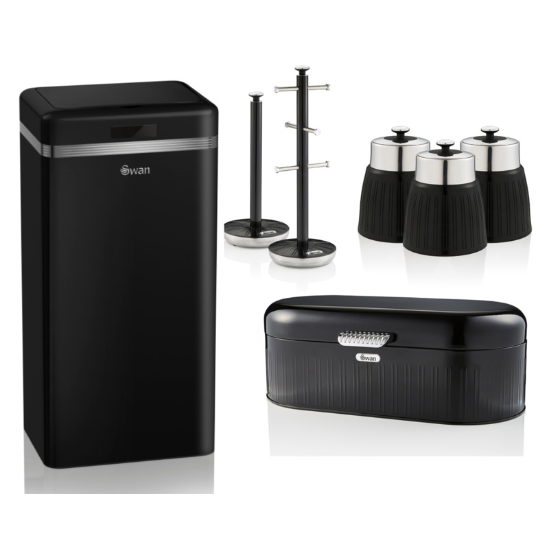 SWAN Retro Black 45L Sensor Bin Bread Bin Canisters Mug Tree Towel Pole Set of 7