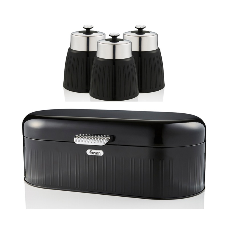 Swan Retro Black Bread Bin & Set of 3 Tea, Coffee & Sugar Canisters Kitchen Set