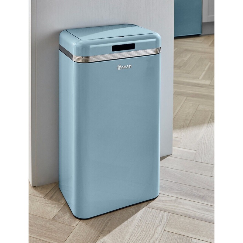 Swan Retro Blue 45L Square Sensor Bin Vintage Design Kitchen Waste Bin in Blue SWKA4500BLN
