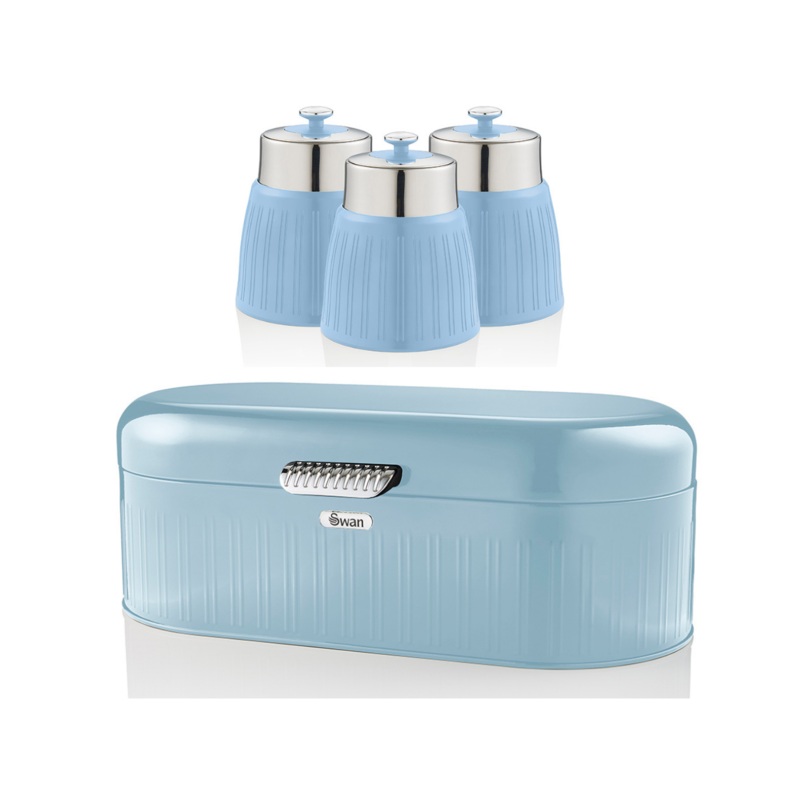 Swan Retro Blue Bread Bin & Set of 3 Tea, Coffee & Sugar Canisters Kitchen Set