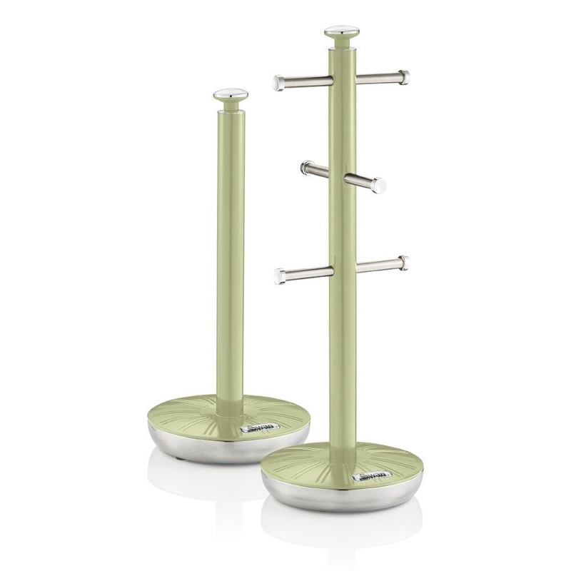 Swan Retro Green Mug Tree & Towel Pole Matching Kitchen Storage Set
