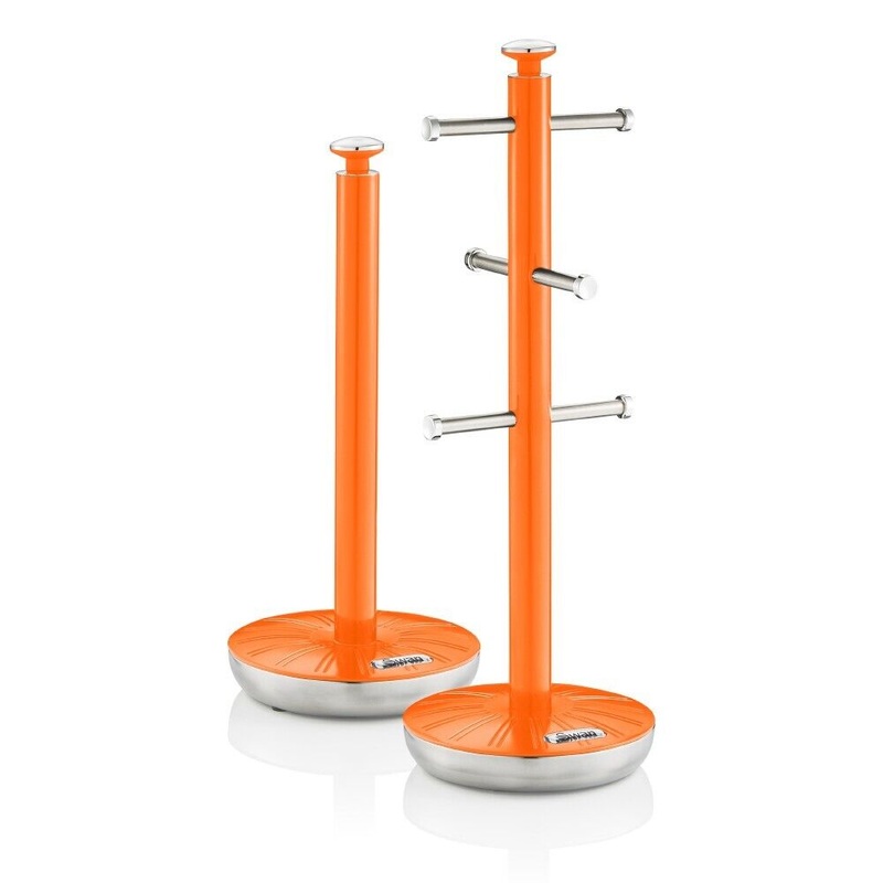 Swan Retro Orange Mug Tree & Towel Pole Matching Kitchen Storage Set