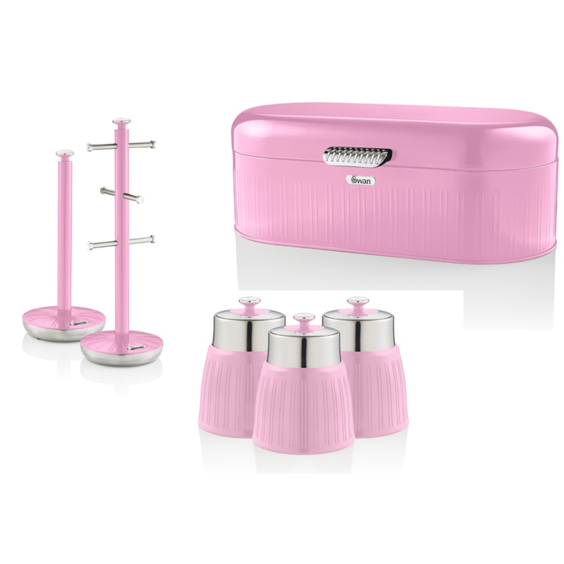 SWAN Retro Pink Kitchen Accessories Bread Bin Canisters Mug Tree Towel Pole Set