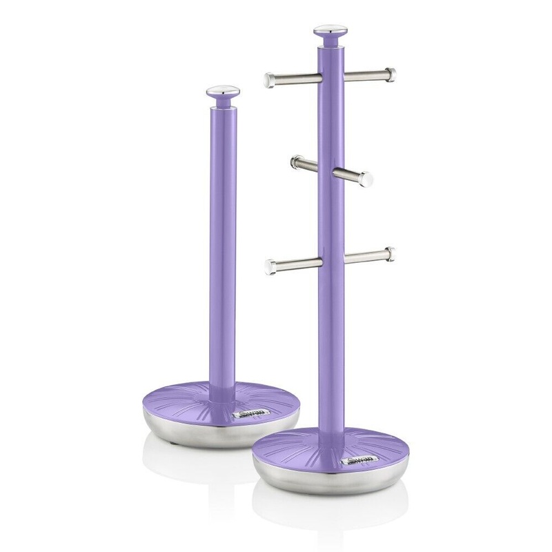 Swan Retro Purple Mug Tree & Towel Pole Matching Kitchen Storage Set