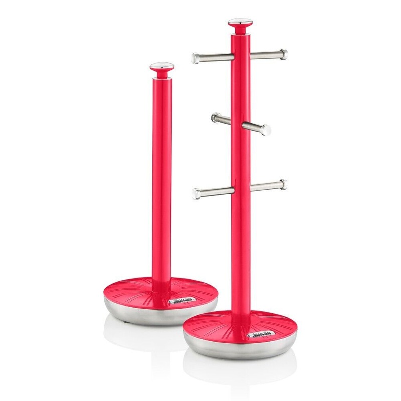 Swan Retro Red Mug Tree & Towel Pole Matching Kitchen Storage Set