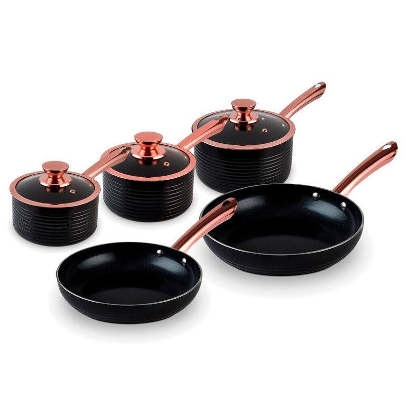 Tower 5 Piece Pan Set in Black & Rose Gold Non-Stick Aluminium 5 Yr Guarantee T800140RB