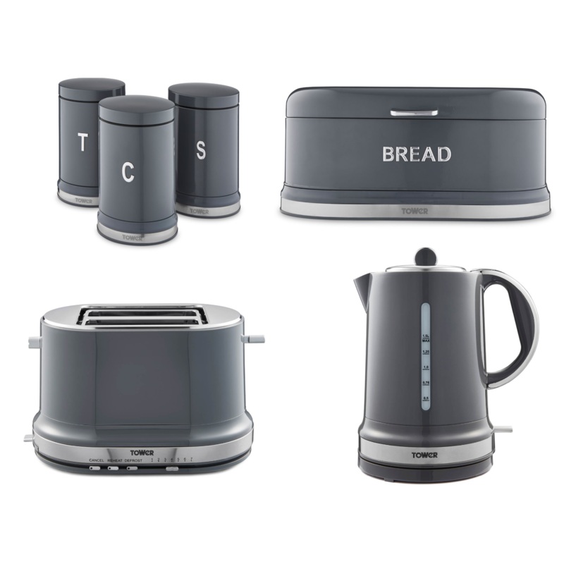 Tower Belle 1.5L 3KW Kettle, 2 Slice Toaster, Bread Bin & Canisters Graphite Grey Kitchen Set of 6