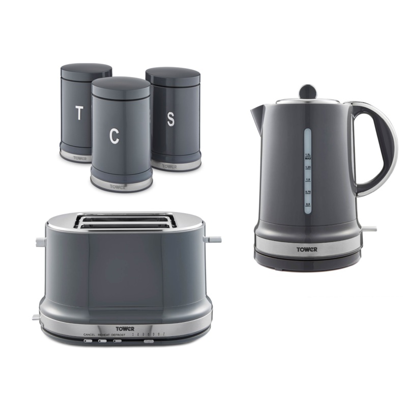 Tower Belle Kettle 2 Slice Toaster & Tea Coffee & Sugar Canisters Set in Graphite Grey