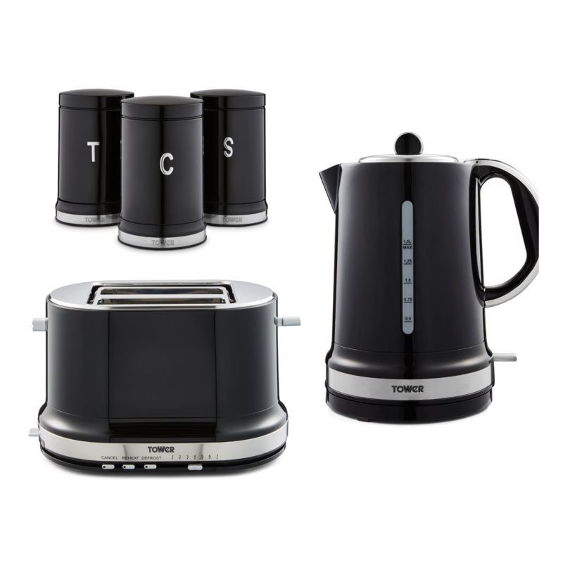 Tower Belle Kettle, 2 Slice Toaster & Tea Coffee Sugar Canisters Set in Noir Black