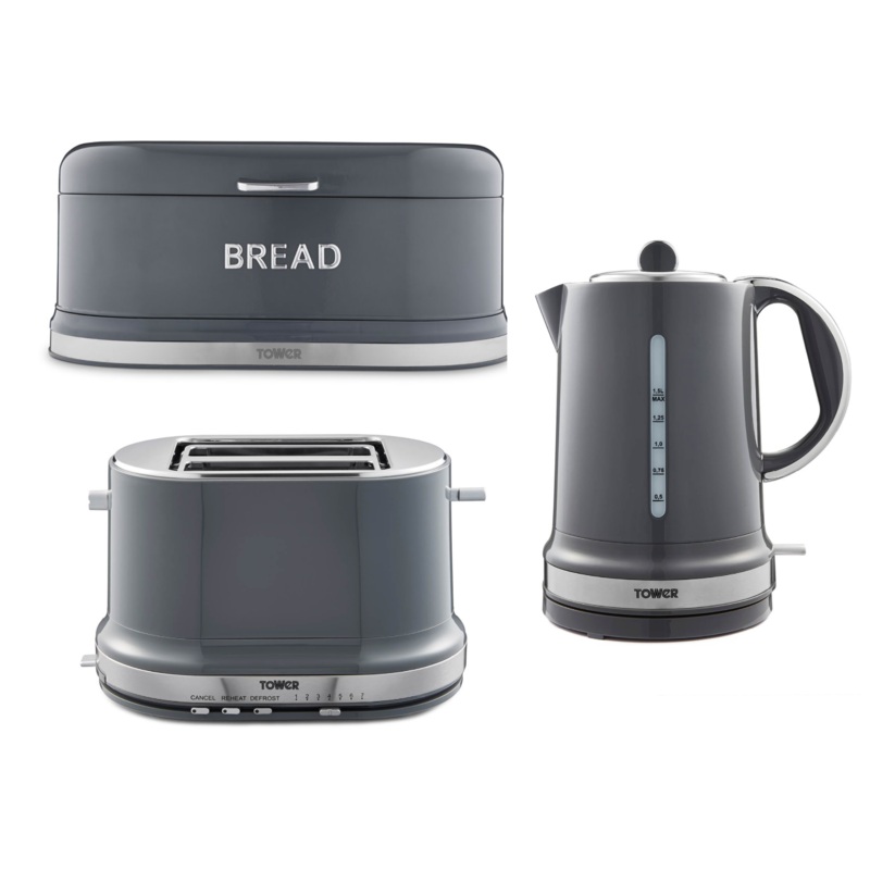 Tower Belle Kettle Toaster & Bread Bin Matching Kitchen Set in Graphite Grey