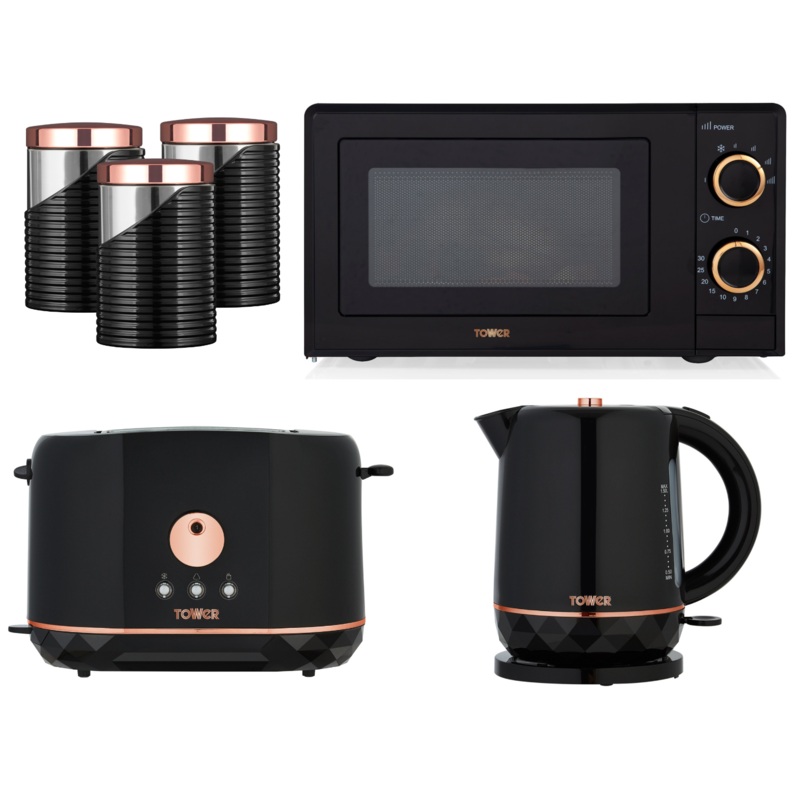 Tower Black & Rose Gold 1.5L Kettle, 2 Slice Toaster, 700w 20L Microwave & Tea, Coffee & Sugar Canisters. Matching Kitchen Set of 6