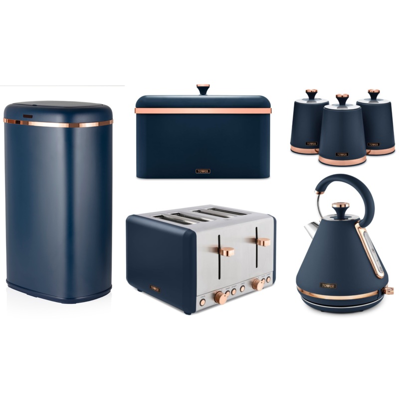 Tower Cavaletto 1.7L 3KW Pyramid Kettle, 4 Slice Toaster, Bread Bin, Canisters & 58L Sensor Bin Matching Set in Midnight Blue & Rose Gold 58L Sensor Bin