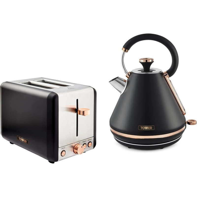 Tower Cavaletto 1.7L Pyramid Kettle & 2 Slice Toaster Set Black & Rose Gold