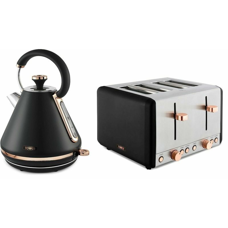 Tower Cavaletto 1.7L Pyramid Kettle & 4 Slice Toaster Matching Set in Black & Rose Gold