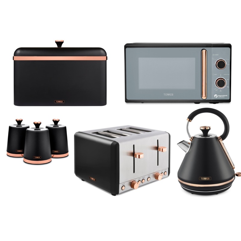 Tower Cavaletto Black 1.7L 3KW Pyramid Kettle, 4 Slice Toaster, 800W 20L Microwave, Bread Bin & Canisters Matching Set