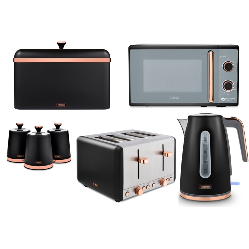 Tower Cavaletto Black Jug Kettle 4 Slice Toaster Microwave Bread Bin Canisters