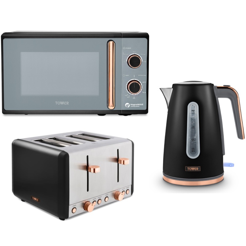 Tower Cavaletto Black/Rose Gold Jug Kettle 4 Slice Toaster Microwave Kitchen Set