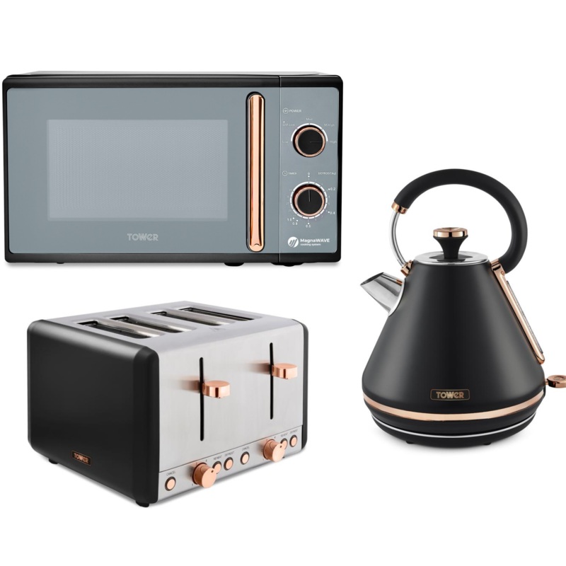 Tower Cavaletto Black & Rose Gold Pyramid Kettle 4 Slice Toaster & Microwave Set