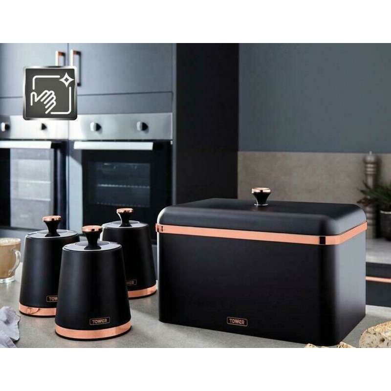 TOWER Cavaletto Bread Bin & Canisters Matching Set Black/Rose Gold Tea Coffee Sugar Storage
