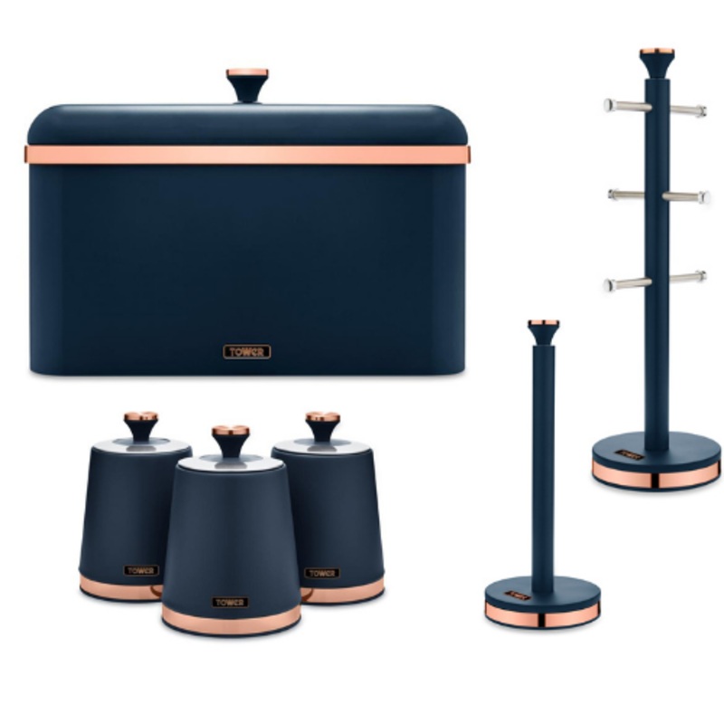 Tower Cavaletto Bread Bin, Canisters, Mug Tree, Towel Pole Set Blue & Rose Gold