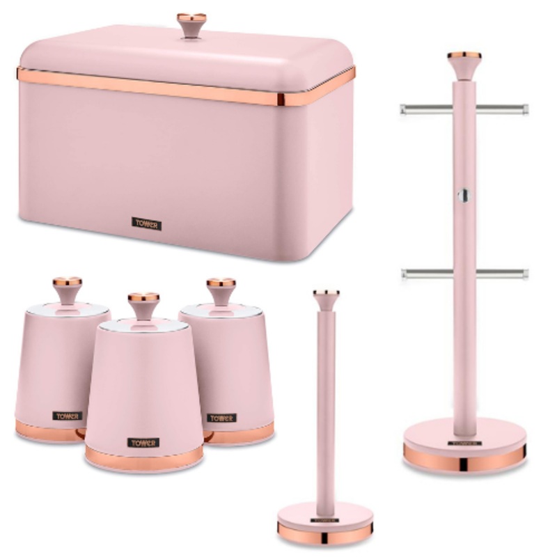 Tower Cavaletto Bread Bin, Canisters, Mug Tree & Towel Pole Set Pink & Rose Gold