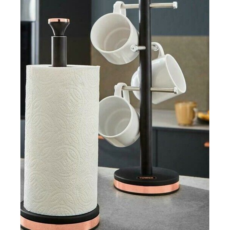 Tower Cavaletto Bread Bin, Mug Tree & Towel Pole Kitchen Set Black & Rose Gold