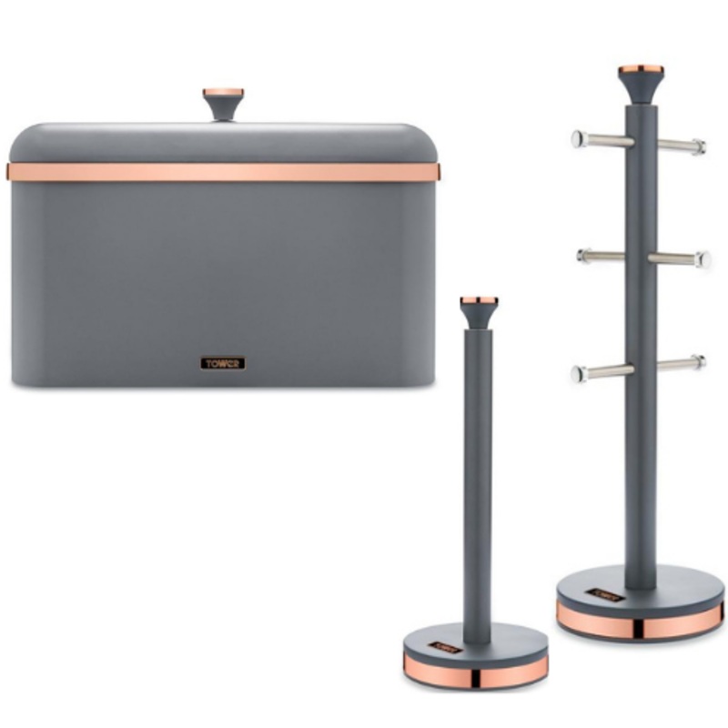 Tower Cavaletto Bread Bin, Mug Tree, Towel Pole Kitchen Set Grey & Rose Gold