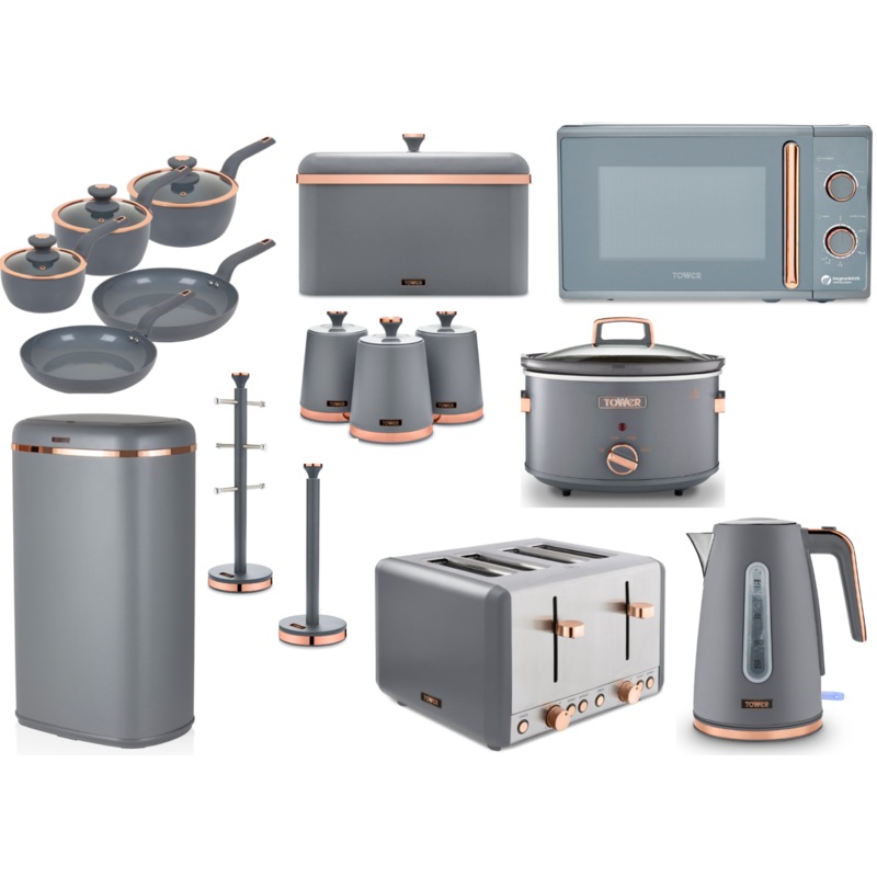 Tower Cavaletto Complete Kitchen Set of 16 Items Grey & Rose Gold 3 Yr Guarantee