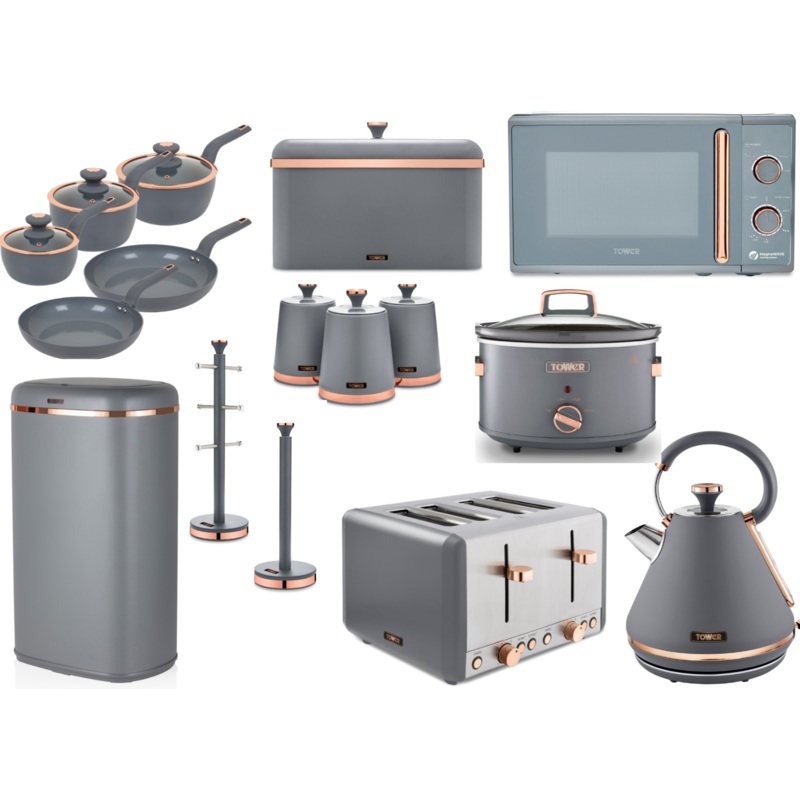 Tower Cavaletto Complete Kitchen Set of 16 Items in Grey & Rose Gold Matching Bundle Set