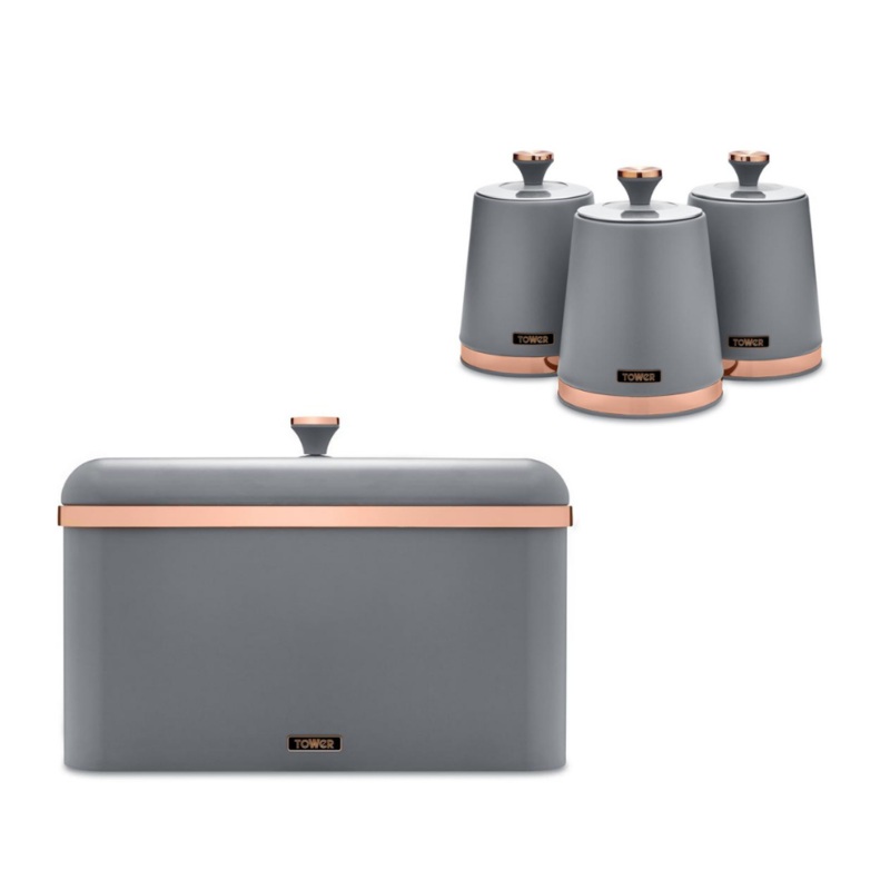Tower Cavaletto Grey Bread Bin Canisters Kitchen Storage Set with Rose Gold accents